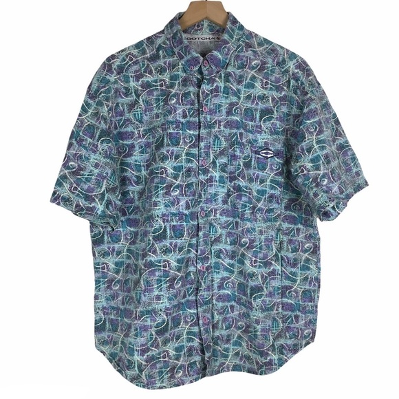 VINTAGE Gotcha Shirt Button Up 80s 90s Skate Surf Retro Tie Dye Geo Size Medium - Picture 1 of 7